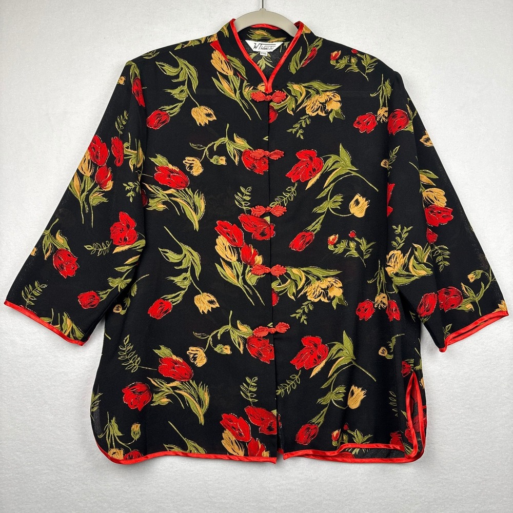 Wang Tai Blouse Womens XXXL Floral Frog Closure Mandarin Collar Asian Inspired